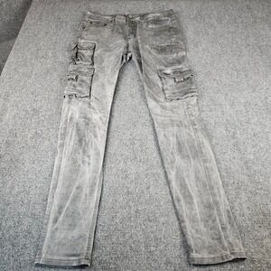 Serenede Fitted Denim Cargo Pants Mens 32 Grey Washed SlimFit Streetwear Utility